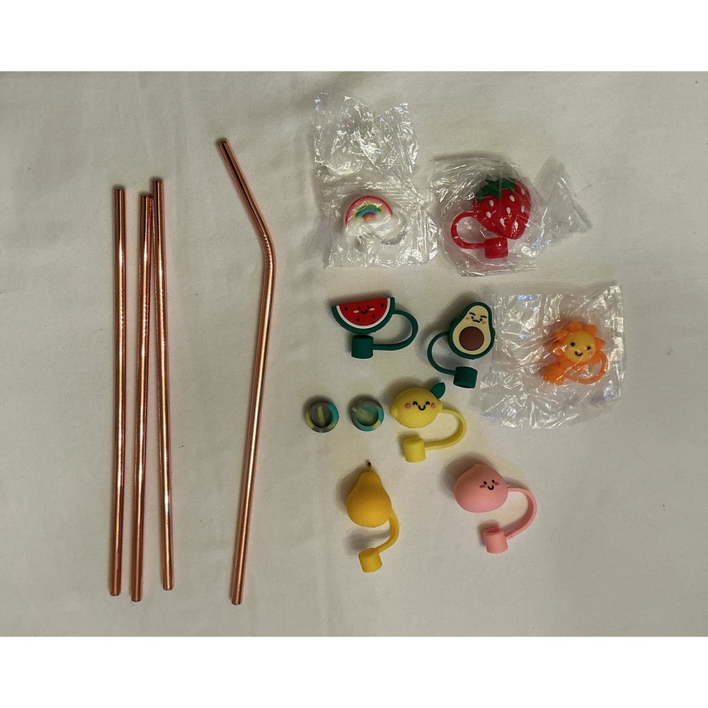 4 Red Copper Brand Stainless Steel Drinking Straws And 9 Piece Silicone Toppers